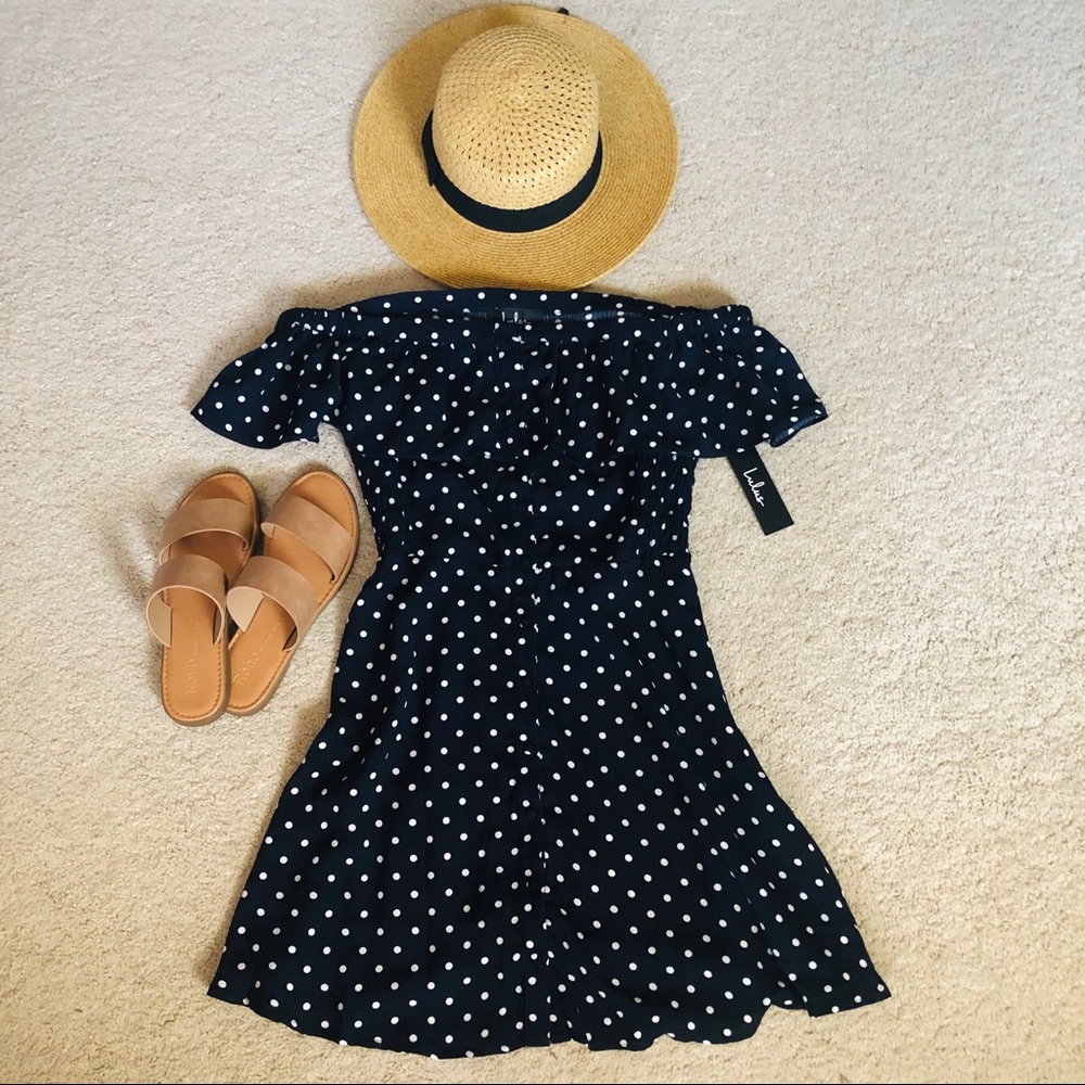 Lulu’s Off-the-Shoulder Polka Dot Navy Blue Dress
